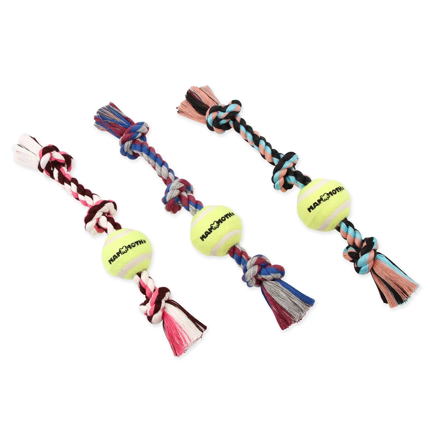 Flossy Chews Cottonblend 3 Knot Tug with 4" Tennis Ball Rope Dog Toy, Large, 24", Assorted Colors